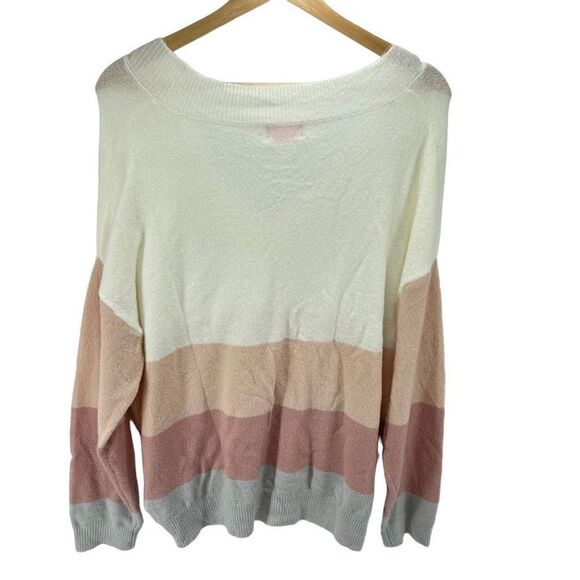 Pink Lily striped Pullover Sweater Long Sleeve V Neck Color Block Beige Large NW - Picture 10 of 10